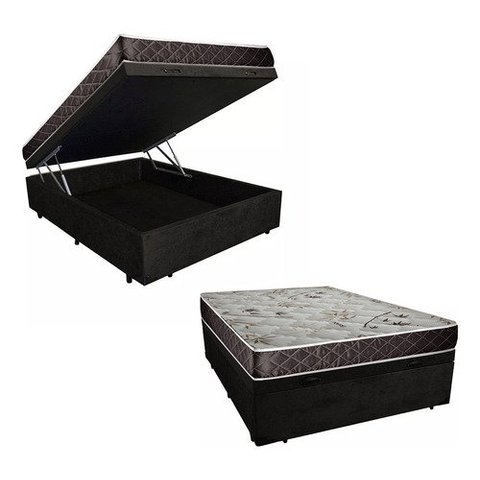 Cama Box Baú Casal Resistence Suede Preto + Colchão Casal Resistence Espuma D33 17x138x188
