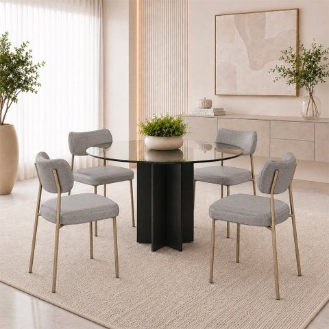 Kit 4 Cadeiras Sala de Jantar Lisa Pés Champanhe Linho Cinza m² - Monari Design