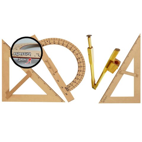 Kit Geométrico do Professor Mdf/pinus sem Régua e com 1 Esquadro em Mdf 45 Graus + 1 Esquadro em Mdf