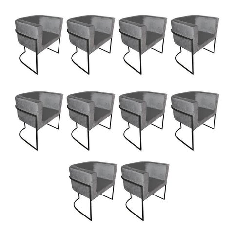 Kit 10 Cadeiras de Jantar Premium Base de Ferro Preta Veludo Cinza