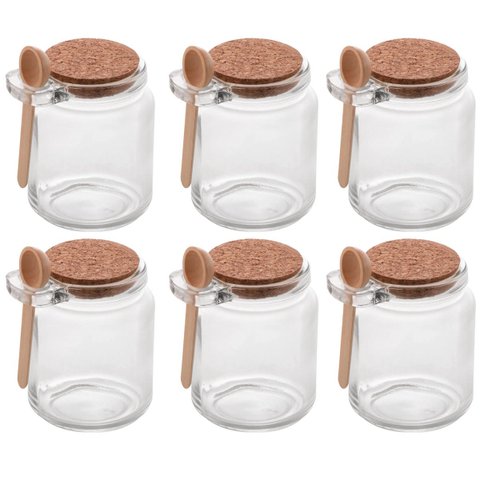 Kit de Pote de Vidro com Tampa de Rolha Colher Bambu 6 unidades Porta Temperos 240ml Lyor