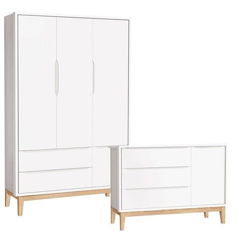 Cômoda com Porta e Guarda Roupa Infantil 3 Portas New Classic Branco com Pés Madeira Natural – Relle