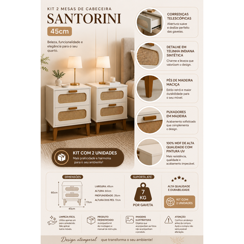 Kit 2 Mesa de Cabeceira Santorini Branca 45cm Pés de Madeira 2 Gavetas c/ Telinha para Quarto
