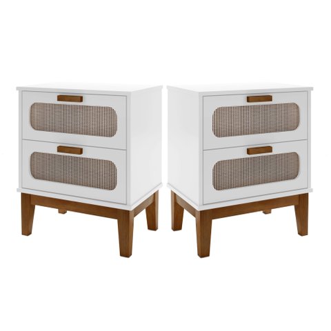 Kit 2 Mesa de Cabeceira Santorini 45cm Pés de Madeira 2 Gavetas C/ Telinha para Quarto Branco
