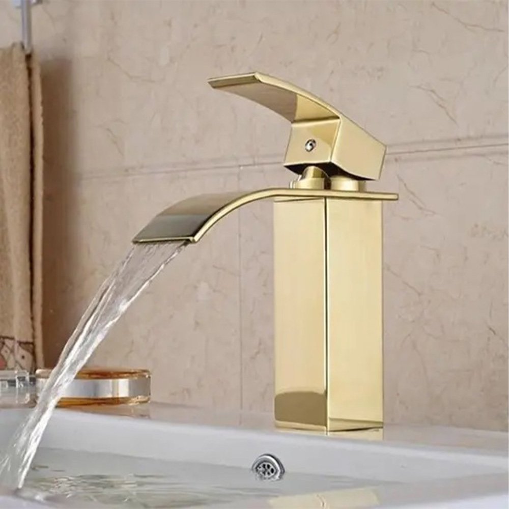 Torneira Cascata Monocomando Inox Dourada Banheiro Lavabo Bancada Misturador Mesa Agua Quente Fria - 8