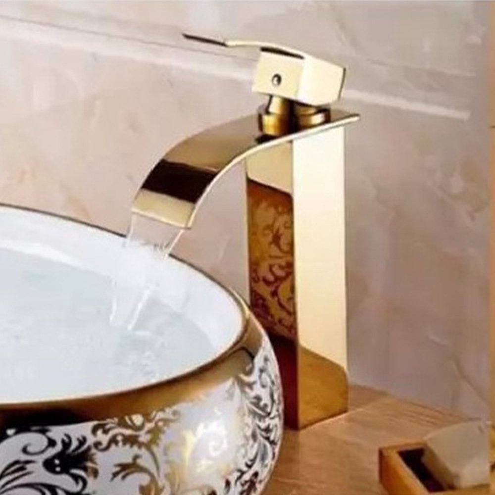 Torneira Cascata Monocomando Inox Dourada Banheiro Lavabo Bancada Misturador Mesa Agua Quente Fria - 7