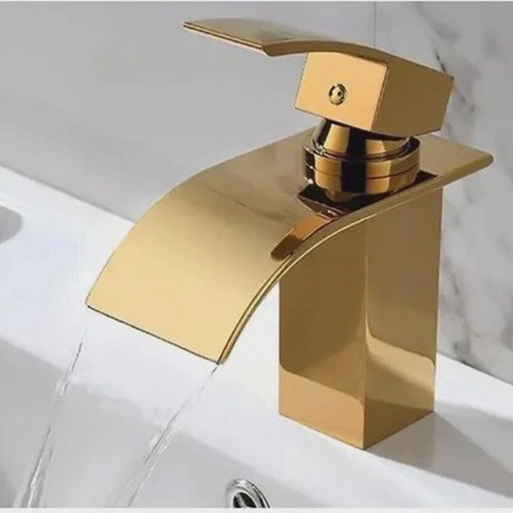 Torneira Cascata Monocomando Inox Dourada Banheiro Lavabo Bancada Misturador Mesa Agua Quente Fria - 9