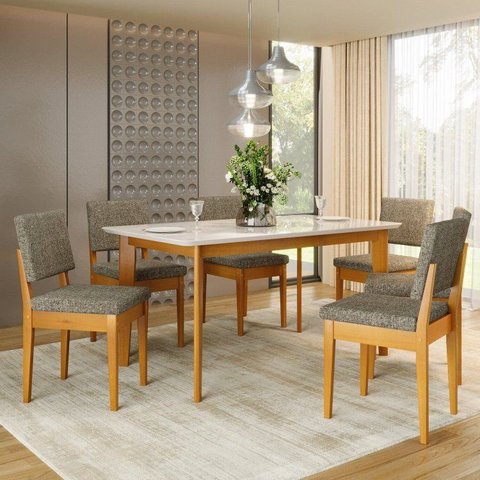 Conjunto Sala de Jantar Siera 6 Lugares Retangular Madeira Maciça Miami Natural/Cerejeira/Café