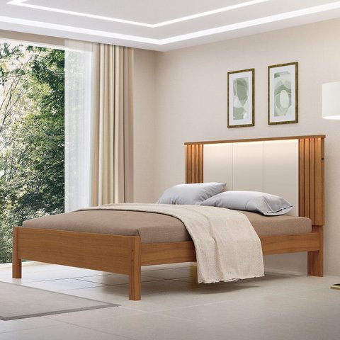 Cama de Casal 100% MDF com LED 123cm x 175cm Duo Marrom/Freijó/Off White