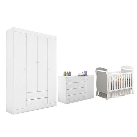 Dormitório Infantil Helena Guarda Roupa, Cômoda e Berço Danny - Phoenix Baby Branco