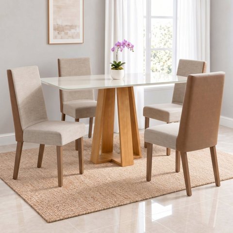 Conjunto Sala de Jantar Mesa Lisa 120cm Tampo MDF Vidro Canto Arredondado 4 Cadeiras Anne
