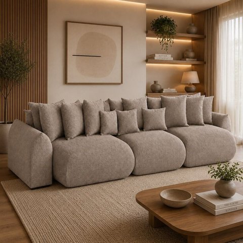 Sofá Retrátil 6 Lugares Bouclê Armani 2,90 Mts Amêndoa