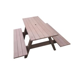 Mesa de Piquenique em Madeira Plástica Maciça Marrom com Furo para Guarda-sol 100% Reciclada 1,48m / - 1