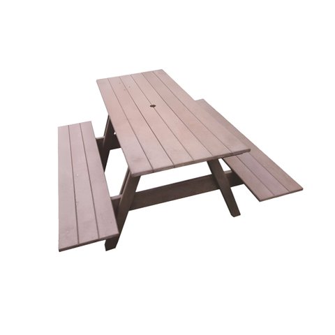 Mesa de Piquenique em Madeira Plástica Maciça Marrom com Furo para Guarda-sol 100% Reciclada 1,48m /