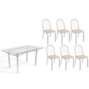 Ver imagem 1 de Conjunto: Mesa Sala Jantar Elba C/ Tampo de Vidro 150cm e 6 Cadeiras Noruega Cromada - Courano Bege