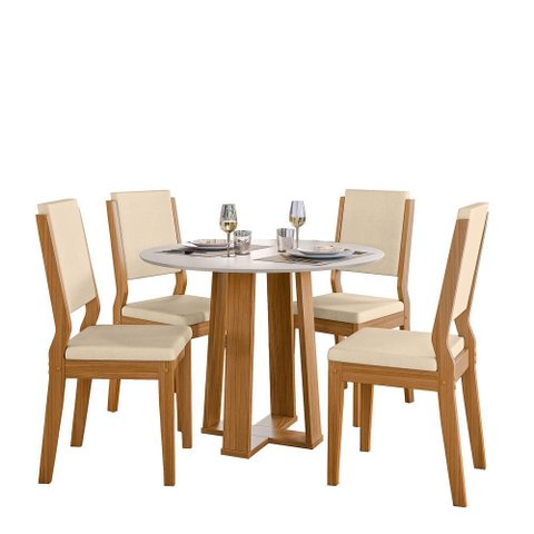 Conjunto Sala de Jantar Mesa Isabela 100x100 4 Cadeiras Carol Ype/off White/linho Palha