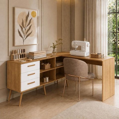 Mesa de Costura em L com 3 Gavetas e 4 Nichos para Artesanato Multimóveis MP6106 Madeirado/Branco