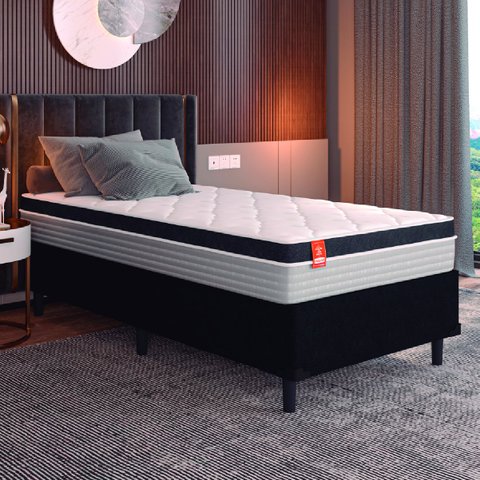 Cama Box Solteiro Colchão Molas Ensacadas Real 88x188x65cm Preto/Cinza- Suporta até 130Kg por