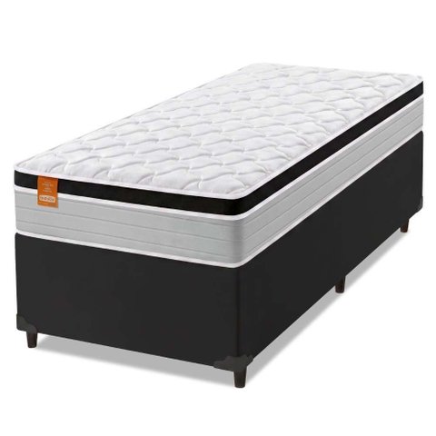 Cama Box Solteiro Colchão Molas Ensacadas Real 88x188x65cm Preto/Cinza- Suporta até 130kg por