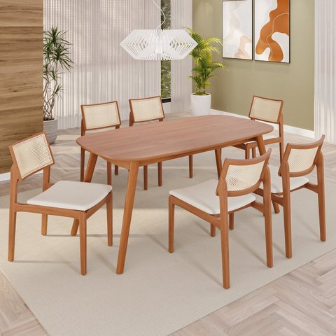 Sala de Jantar Mesa 160x76cm Tampo Laminado com 6 Cadeiras em Linho Ceci Yescasa Marrom