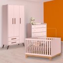 Ver imagem 1 de Conjunto Berço Mini Cama Slim, Cômoda Trocador e Guarda Roupa Retrô Rosa