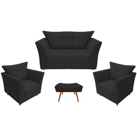 Kit Namoradeira + 2 Poltronas Decorativa Isis + 1 Puff Retangular Couro Preto Pés Madeira Mz Decor