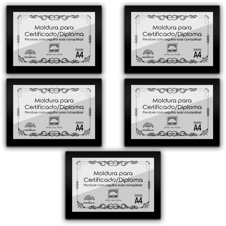 Kit 5 Certificados Diplomas A4 com Tela de Acetato e MDF - Moldura Preta