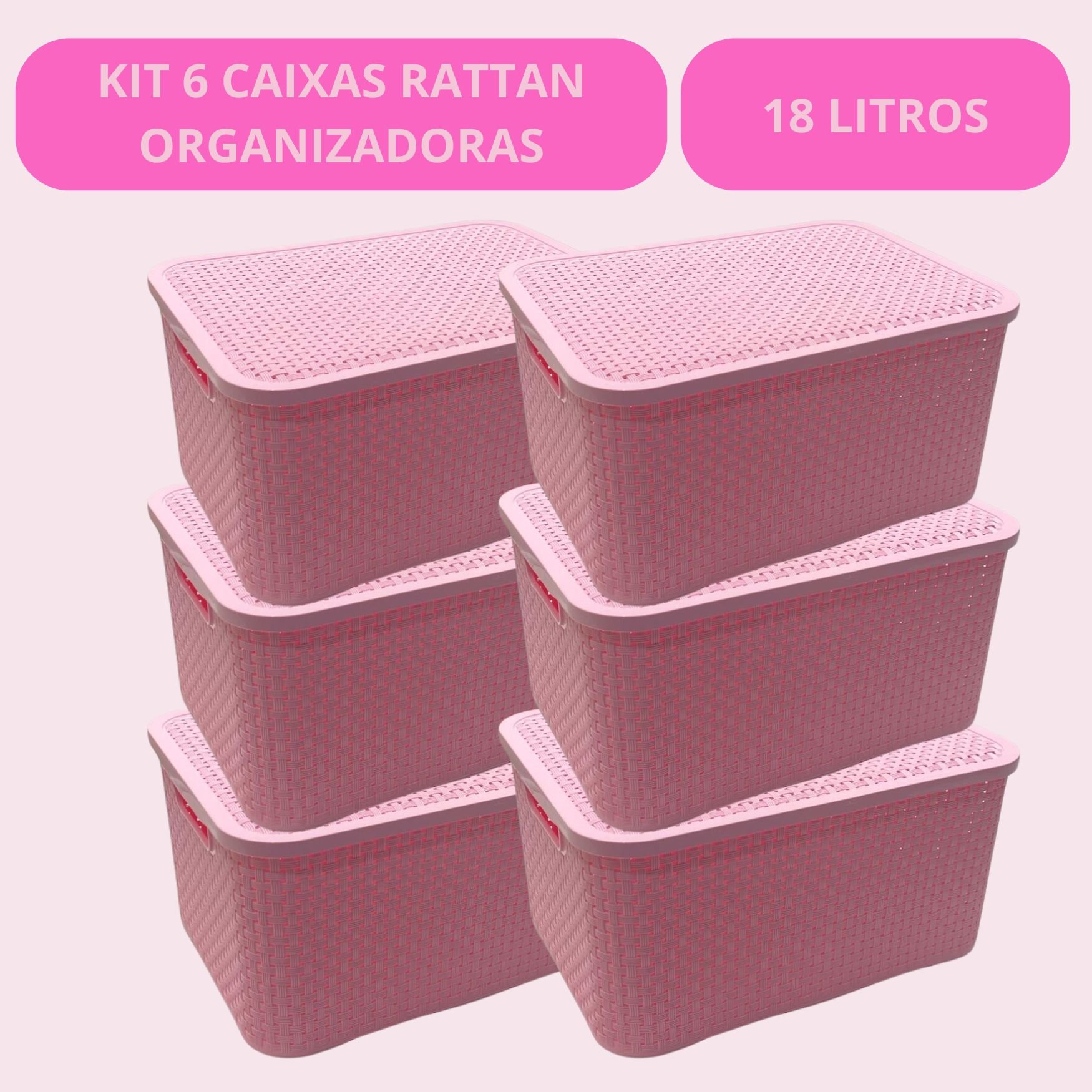 Kit 6 Caixas Organizadoras Multiuso Rattan 18 Lts com Tampa - 3