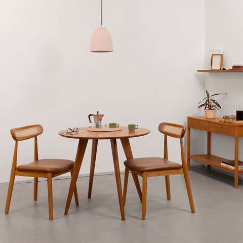 Conjunto Mesa Jantar Square Louro Freijó - 88cm + 2 Cadeiras Dalí Encosto Palha Larga Assento PU - C