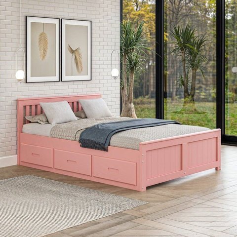Cama Queen com 6 Gavetas - Madeira Maciça Rosa