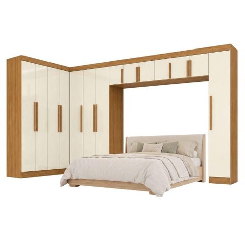Guarda Roupa Modulado de Canto Closet Madrid 14 Portas Bater 2 Gavetas MDP Madeirado-Off White Maxel