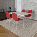 Ver imagem 1 de Mesa Industrial Base Ferro Branco 137x90 Tampo Branco 4 Cadeiras Eiffel Ferro Branco Assento Vermelh