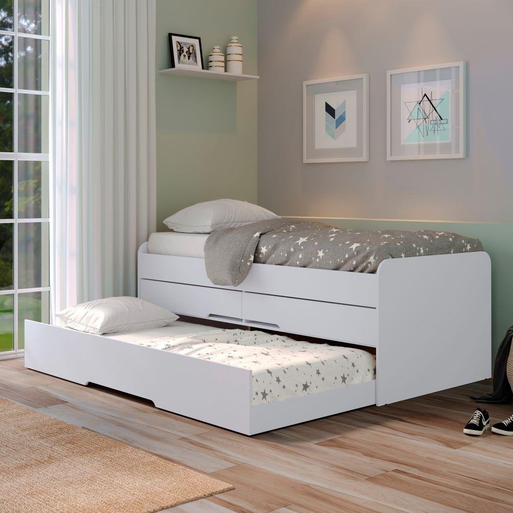 Cama de Solteiro Dupla Mdf com Bau e 2 Gavetas Juliette Shop Jm Branco ...