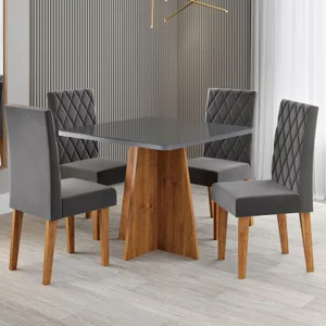 Mesa de Jantar 4 Lugares Evah com Vidro Mel/grafite/veludo Cinza - Viero Móveis