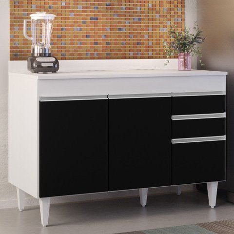 Balcão Gabinete para Pia com Tampo 120cm Michigan Branco/Pto - Lumil Lumil Móveis
