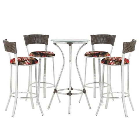 Jogo de Mesa Bistrô com Tampo de Vidro Redondo 4 Banquetas em Alumínio e Fibra Sintética Argila