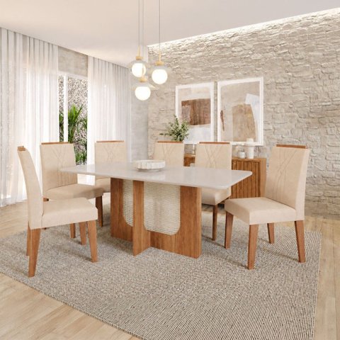 Sala de Jantar 6 Lugares Tampo de Vidro 160 cm Amelia Cinamomo/Nude - Panorama Móveis