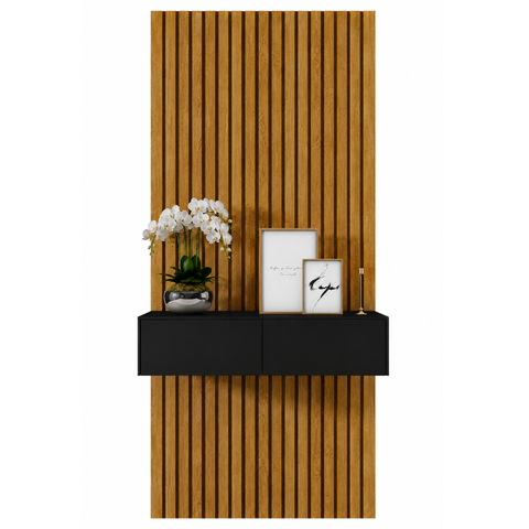 Aparador Suspenso 90cm com Painel Ripado MDF Decorativo Sala:Preto