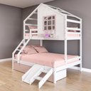 Ver imagem 1 de Beliche Casinha com Janela Casal/solteiro 02 Gavetas Rosa e Kit Escada/escorregador Madeira Maciça