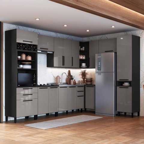 Cozinha Modulada Completa de Canto 9 Peças 549cm sem Tampo Mônaco Cinza Chumbo/Titânio