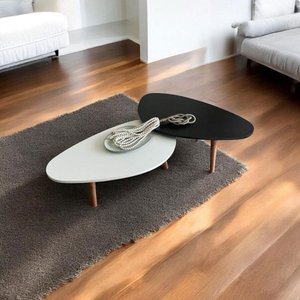 Kit 2 Mesas de Centro Orgânicas Pés Palito em Madeira Branco e Preto