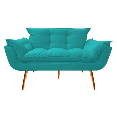 Namoradeira Decorativa Opala Suede Azul Tifany 2 Lugares Pés Madeira Mz Decor