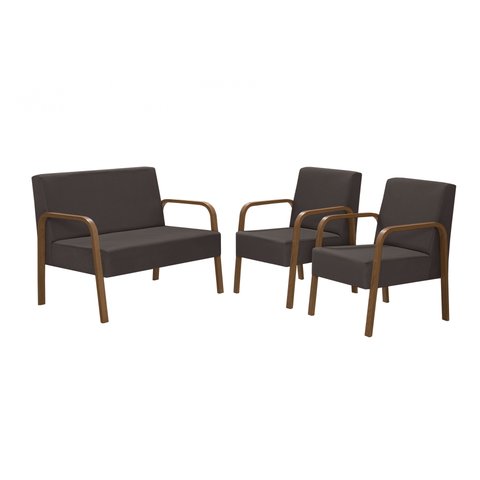 Conjunto Jade 1 Poltrona 2 Lugares e 2 poltronas de 1 lugar Braço Madeira D Salla Suede Marrom