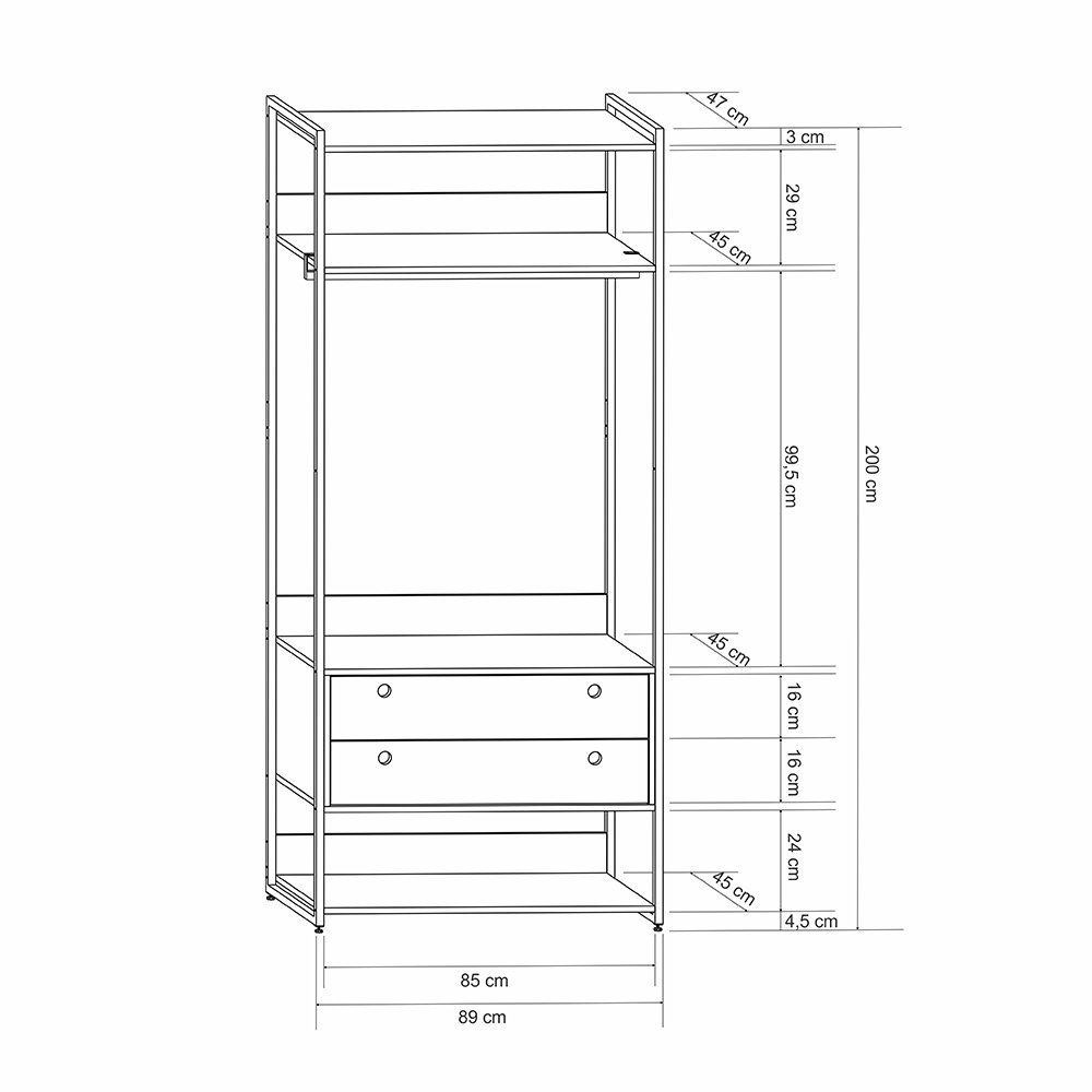 Guarda-roupa Closet Industrial Olivar com Cabideiro 2 Gavetas 89cm - Preto - 5