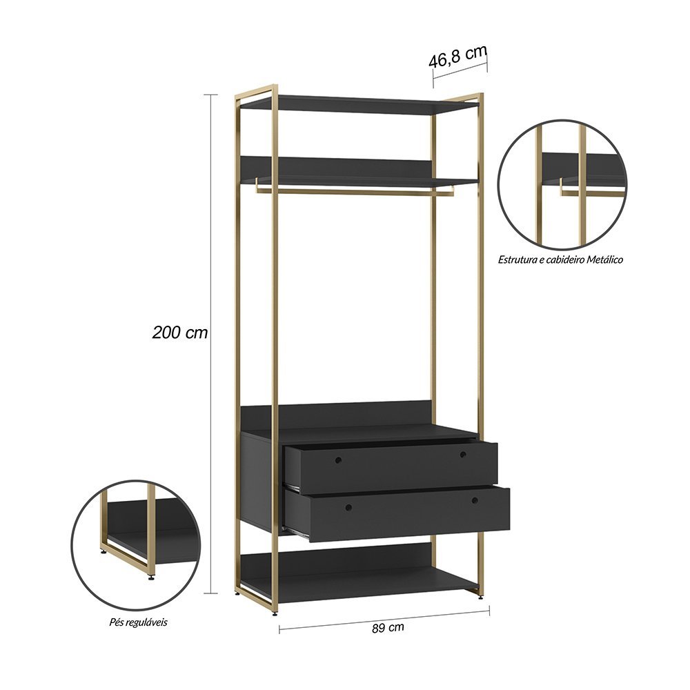 Guarda-roupa Closet Industrial Olivar com Cabideiro 2 Gavetas 89cm - Preto - 4