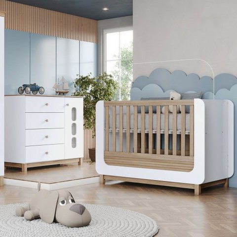 Quarto de Bebê Completo Aconchego 1 Porta 4 Gavetas com Vidro Branco/jequitibá - Henn