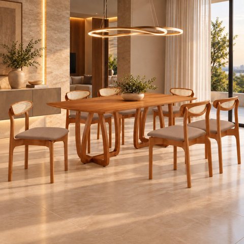Conjunto de Mesa de Jantar Ello Tampo 180cm Barril Laminado com 6 Cadeiras Mônaco Premium
