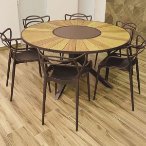 Conjunto Sala de Jantar Mesa Tampo Madeira Giratória + 6 Cadeiras Alegra Jardim
