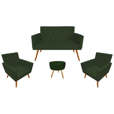 Kit Namoradeira + 2 Poltronas Decorativa Nina Capitonê + Puff Redondo Suede Verde Pés Madeira Mz Dec