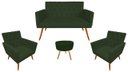 Ver imagem 1 de Kit Namoradeira + 2 Poltronas Decorativa Nina Capitonê + Puff Redondo Suede Verde Pés Madeira Mz Dec